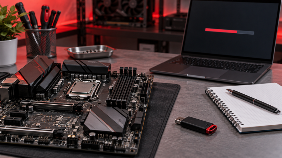 Motherboard and USB drive prepared for a careful firmware update