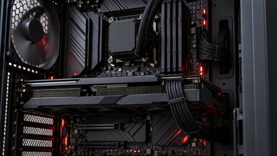 Gaming PC beside a monitor displaying an abstract frame time graph