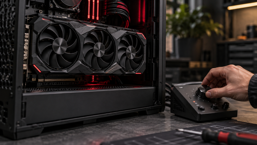 Graphics card in a PC while a technician adjusts a generic control