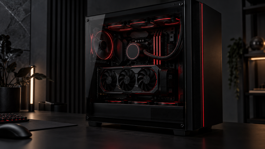 Inside a clean black gaming PC with a graphics card and subtle red lighting
