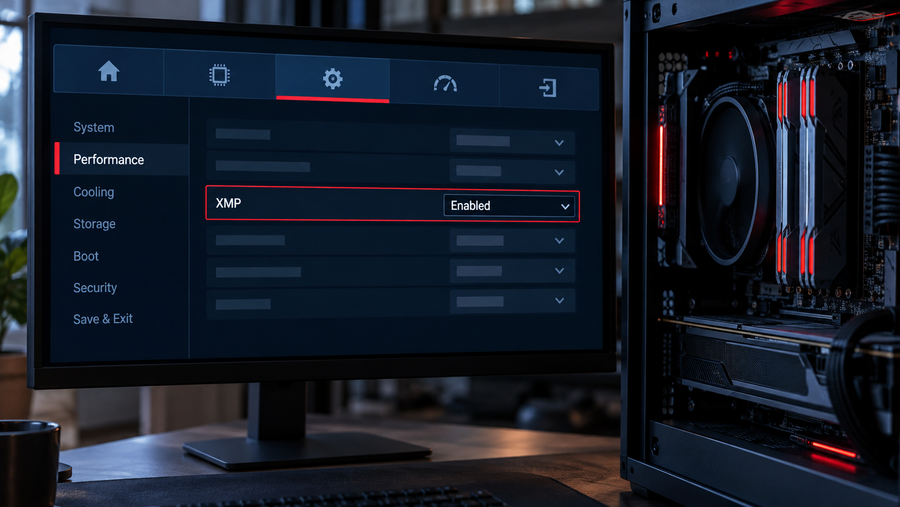 Illustrative BIOS screen with XMP enabled beside gaming PC memory modules