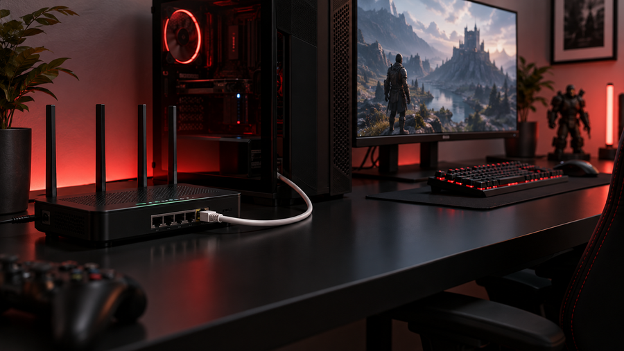 Dark gaming desk with a PC and a fantasy scene on the monitor