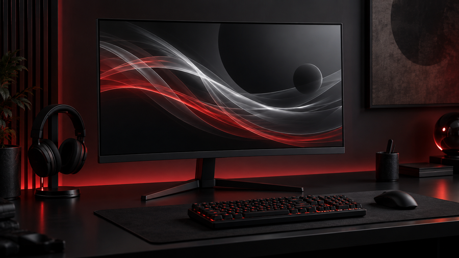 Gaming monitor with abstract motion graphics on a dark desk